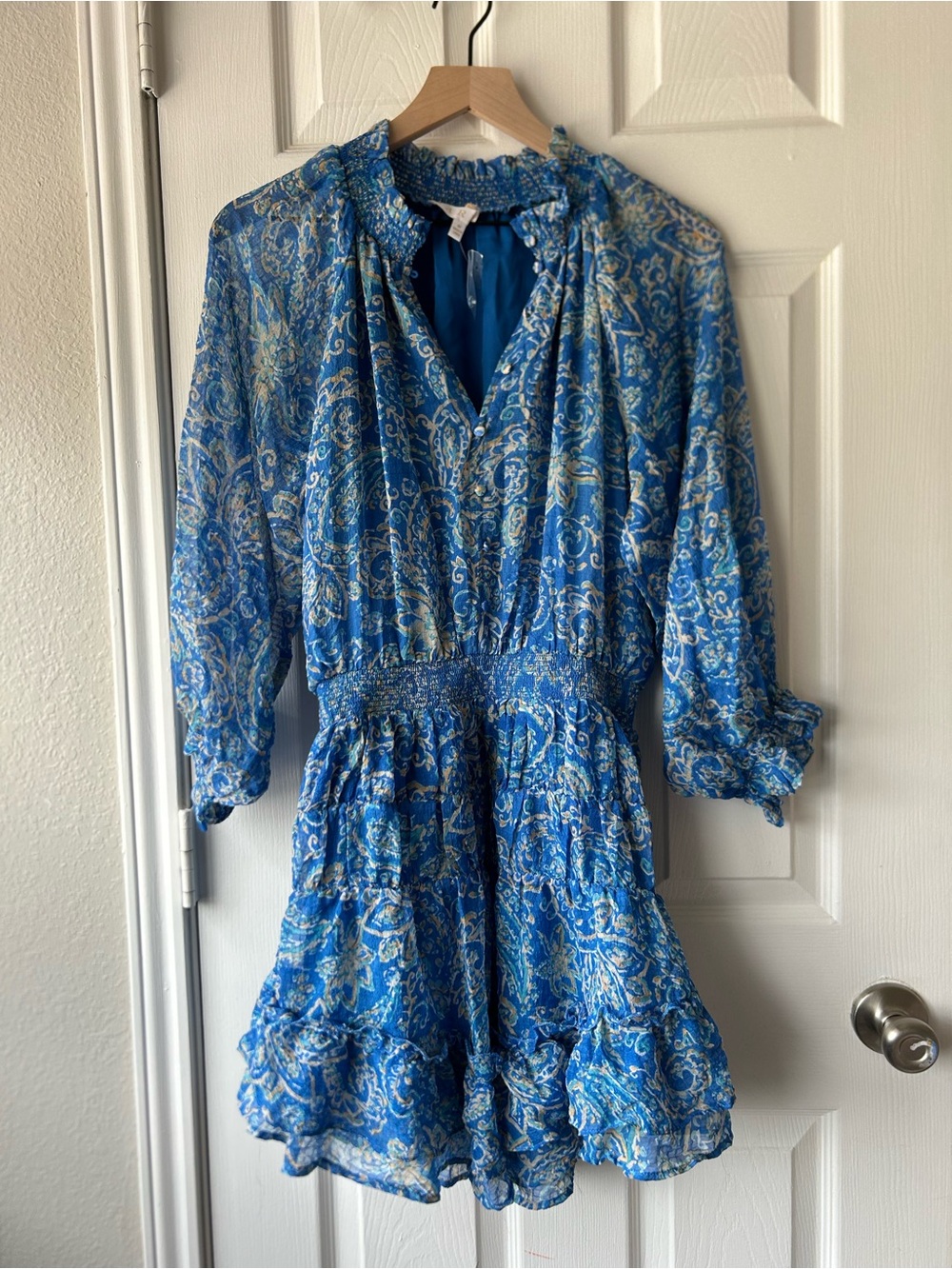 Karlie Blue Paisley Long-Sleeve Ruffle Smocked-waist Mini Dress M EUC